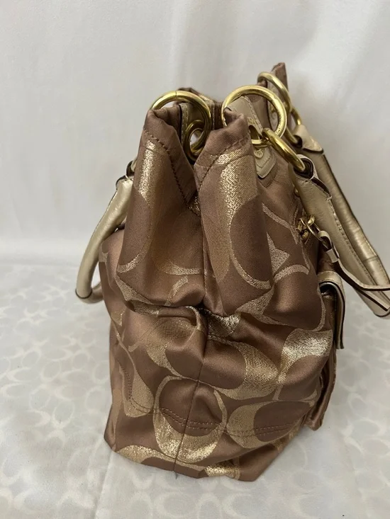 Coach Hampton Brown/Gold Signature Double Handles Travel Tote Bag Purse 🌺🌺 - Picture 4 of 14